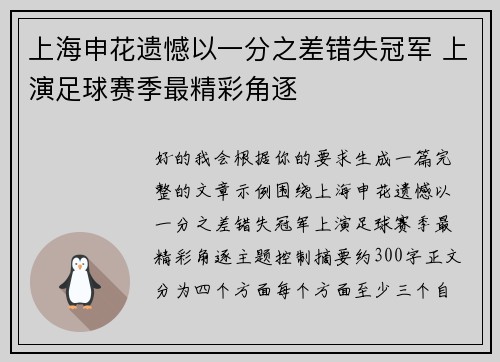 上海申花遗憾以一分之差错失冠军 上演足球赛季最精彩角逐